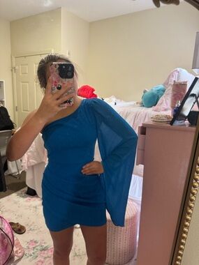 SHEIN One-Shoulder Teal Blue Mini Dress with Dramatic Cape Sleeve